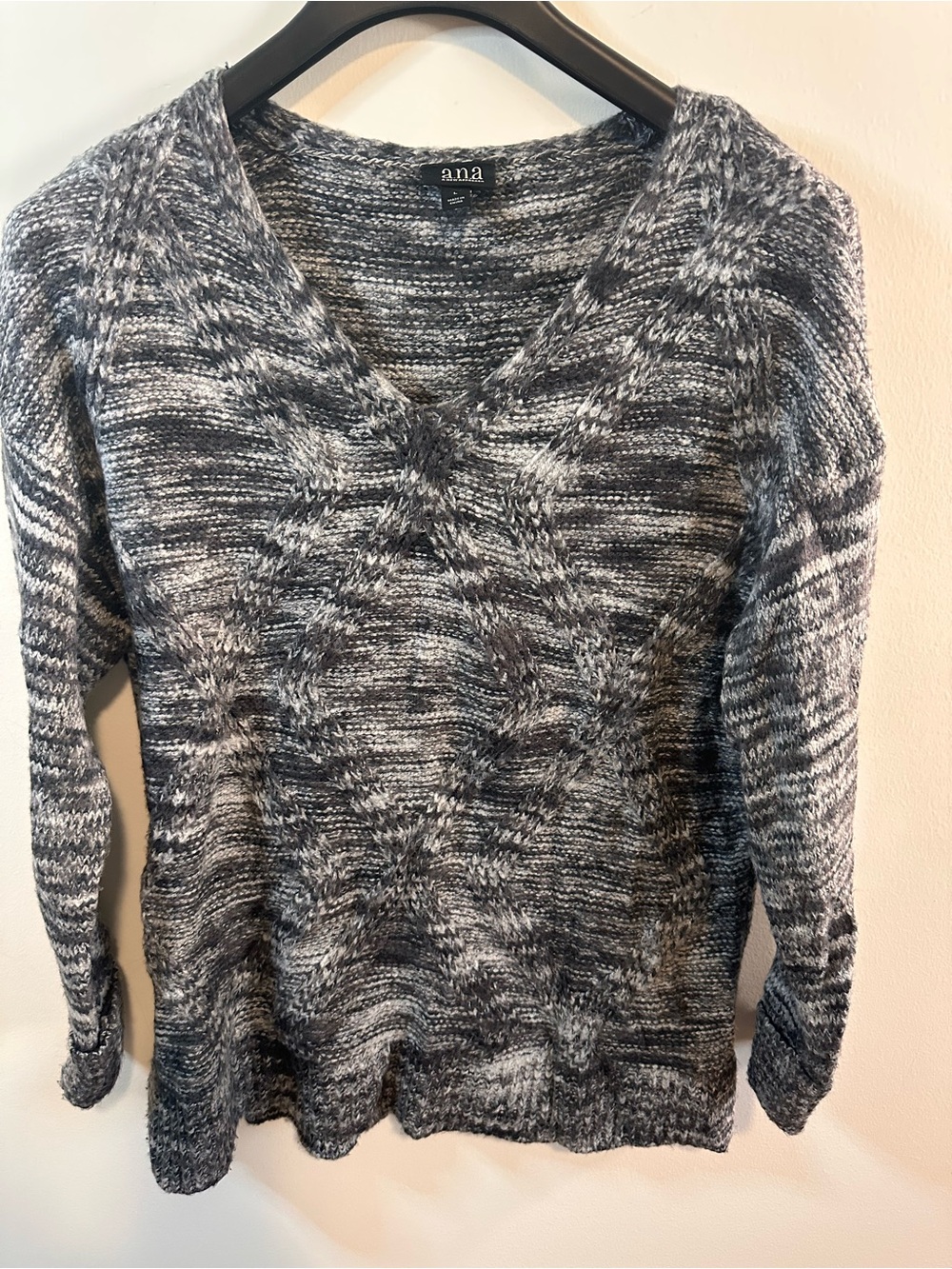 a.n.a Black and White Marled V-Neck Cable Sweater